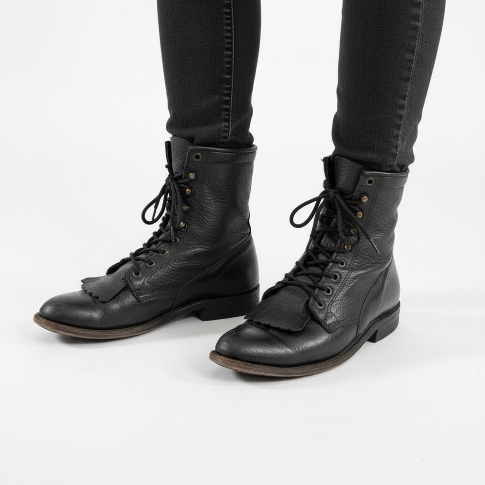 BOULET BLACK LEATHER FRINGE LACE UP BOOTS MEN 7.5